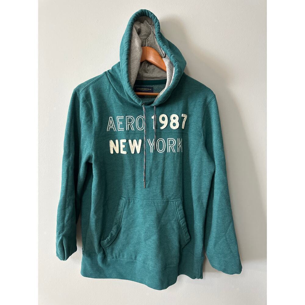 Aeropostale 1987 New York Teal Hoodie M Fleece Lined Pullover
